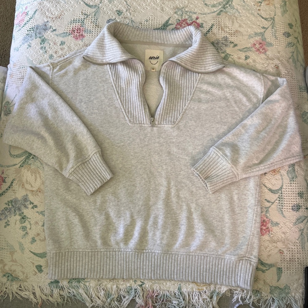 Aerie Womens Quarter Zip Sweatshirt Light Gray Heather Ribbed Trim Size Medium - Picture 5 of 7